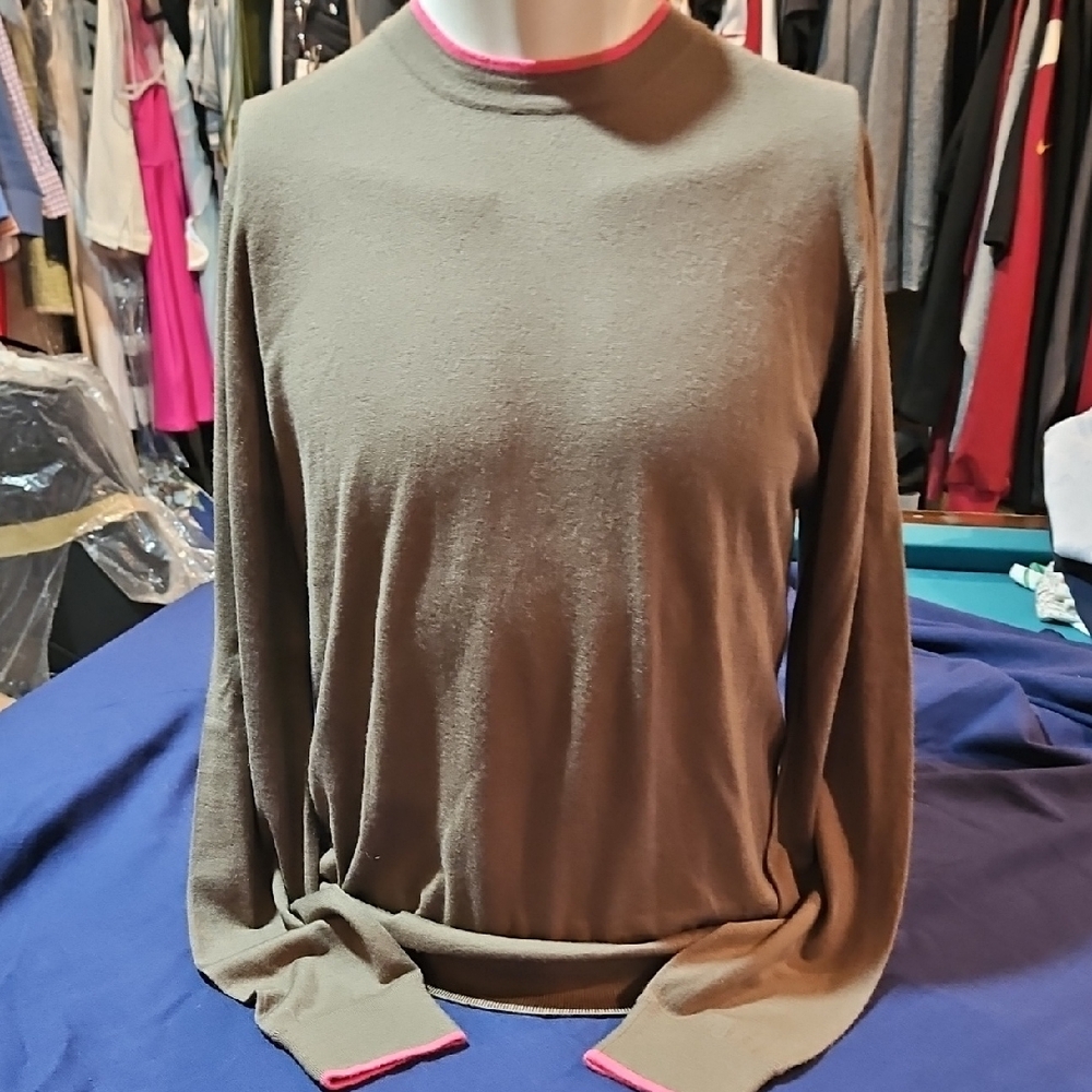 Hermes Men's Cashmere Sweater in Brown/Taupe with Pink Trim